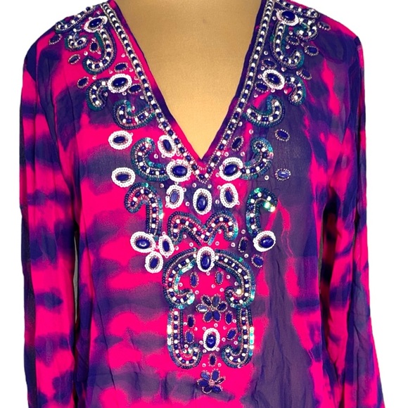 Blue Island pink and purple tie dye swim cover up bead and sequin embellishments - Picture 5 of 8